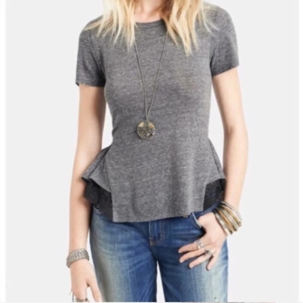 Free People Peplum Lace Ruffle Trim Tee Shirt Small
